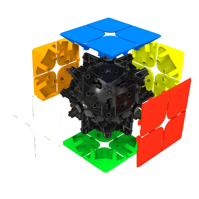 Exploded view of a GAN Cube 2x2 magnetic speed cube showing internal black mechanism and colorful plastic pieces