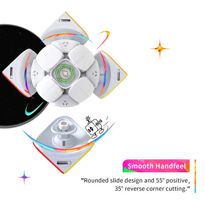 Gancube 251M Pro magnetic puzzle cube with rounded slide design and smooth handfeel, showing 55° positive and 35° reverse corner cutting