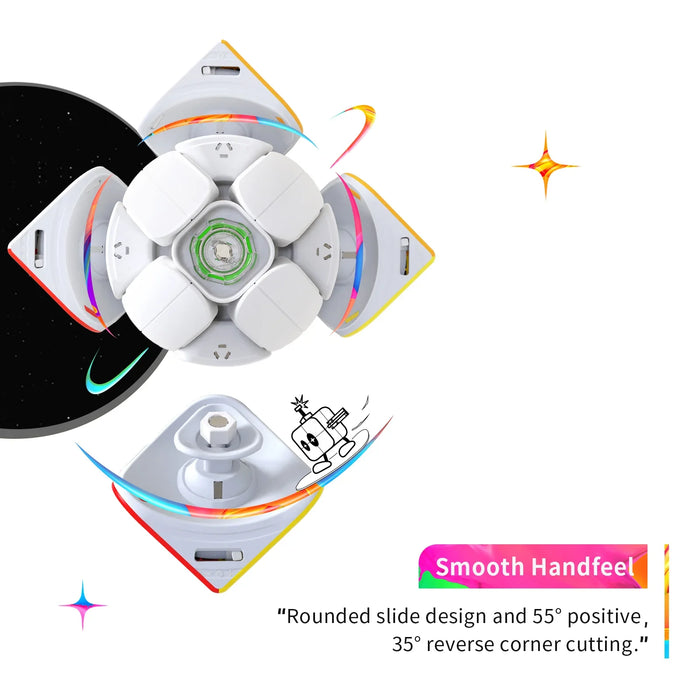Gancube 251M Pro magnetic puzzle cube with rounded slide design and smooth handfeel, showing 55° positive and 35° reverse corner cutting