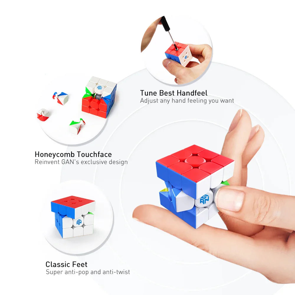 GAN 3x3 speed cube features honeycomb design, adjustable tension, and anti-pop feet in hand