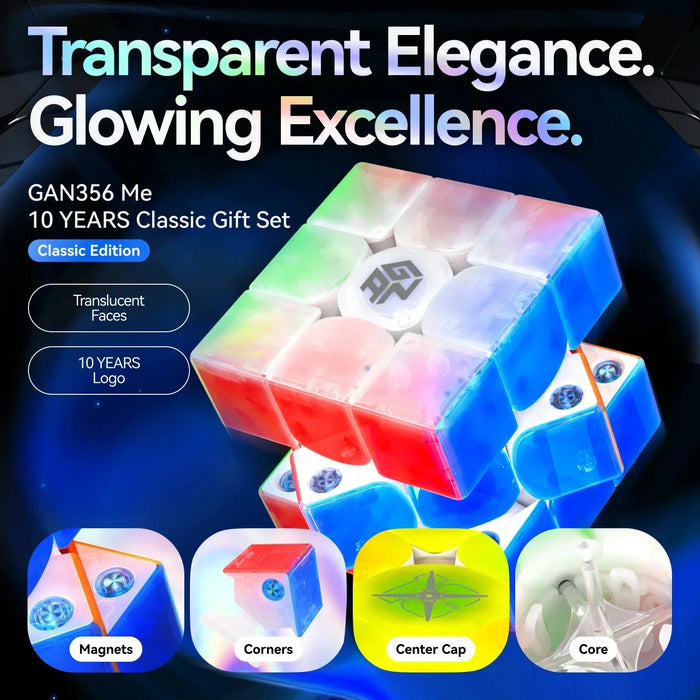 Transparent GAN356 Me 10 Years edition Rubik's Cube with visible magnets, corners, center cap, and core