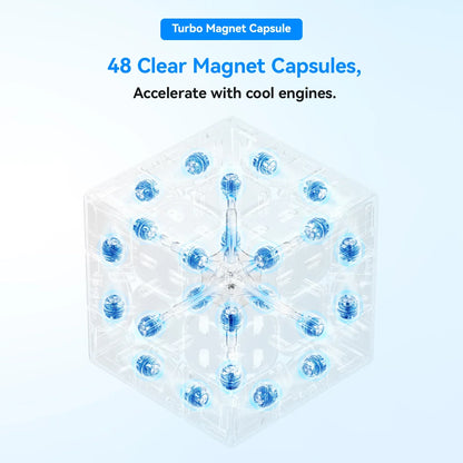 Transparent cube showing 48 clear blue magnet capsules with detailed motor mechanism inside