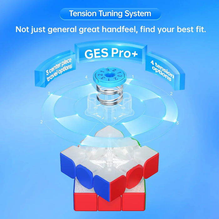 3x3 speed cube with transparent core and GES Pro+ tension tuning system, spring and adjustable dial
