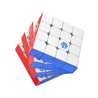 GanCube 4x4 speed cube puzzle with white, red, and blue faces isolated on white background