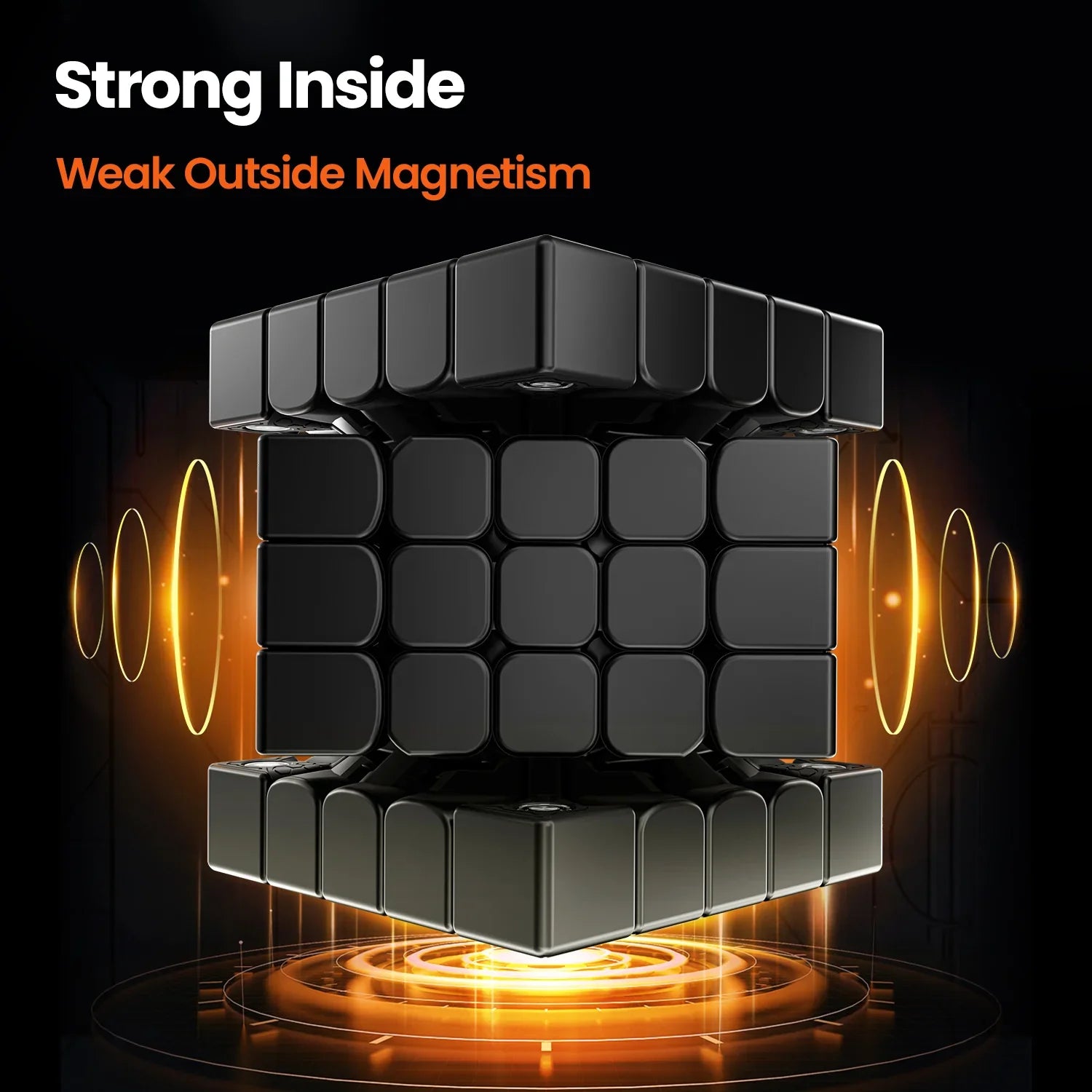Black magnetic Rubik's Cube with glowing orange magnetic effect and text about inside strength