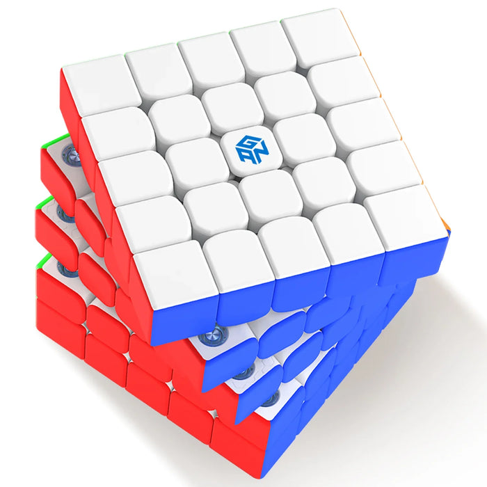 GANCube 5x5 magnetic speed cube puzzle with white, red, and blue stickers on white background