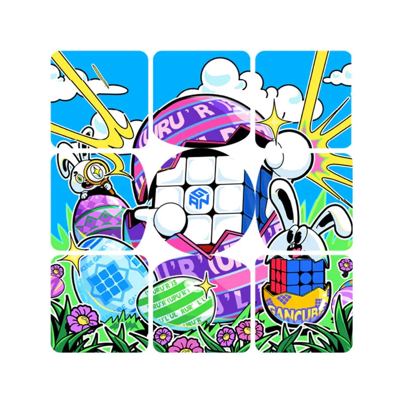 Colorful Easter-themed speed cube stickers with bunnies, flowers, and puzzle patterns for GANCUBE fans