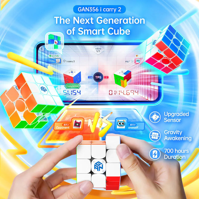 Hands holding a white GAN356 i Carry 2 smart Rubik's Cube with digital game interface and colorful cubes