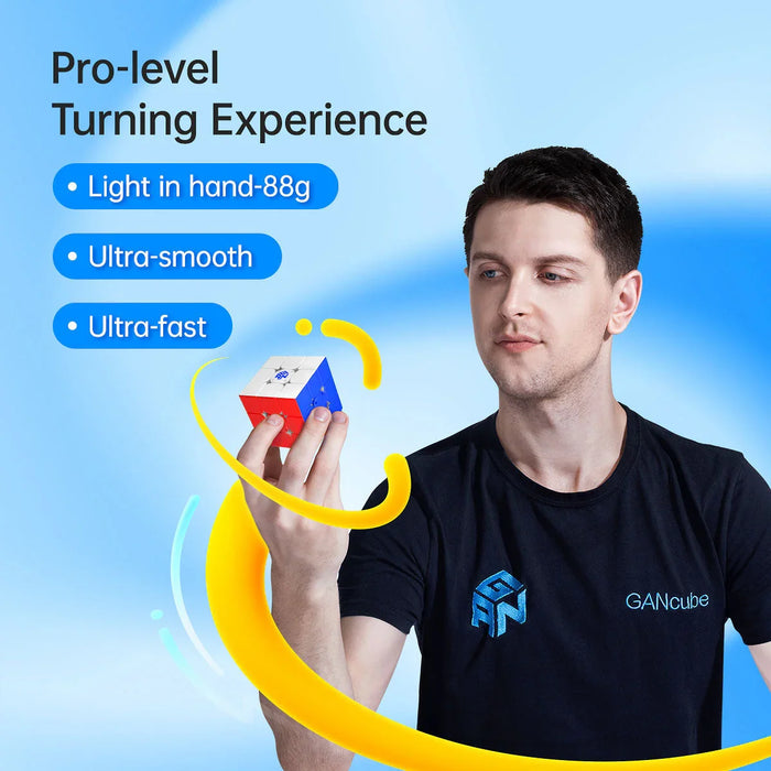 Man holding a GANcube Rubik's Cube promoting pro-level turning experience with light, ultra-smooth, and ultra-fast features