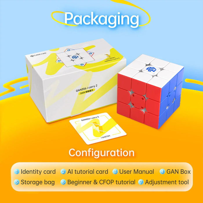 GAN356 i Carry 2 speedcube with packaging box and identity card on blue and orange background