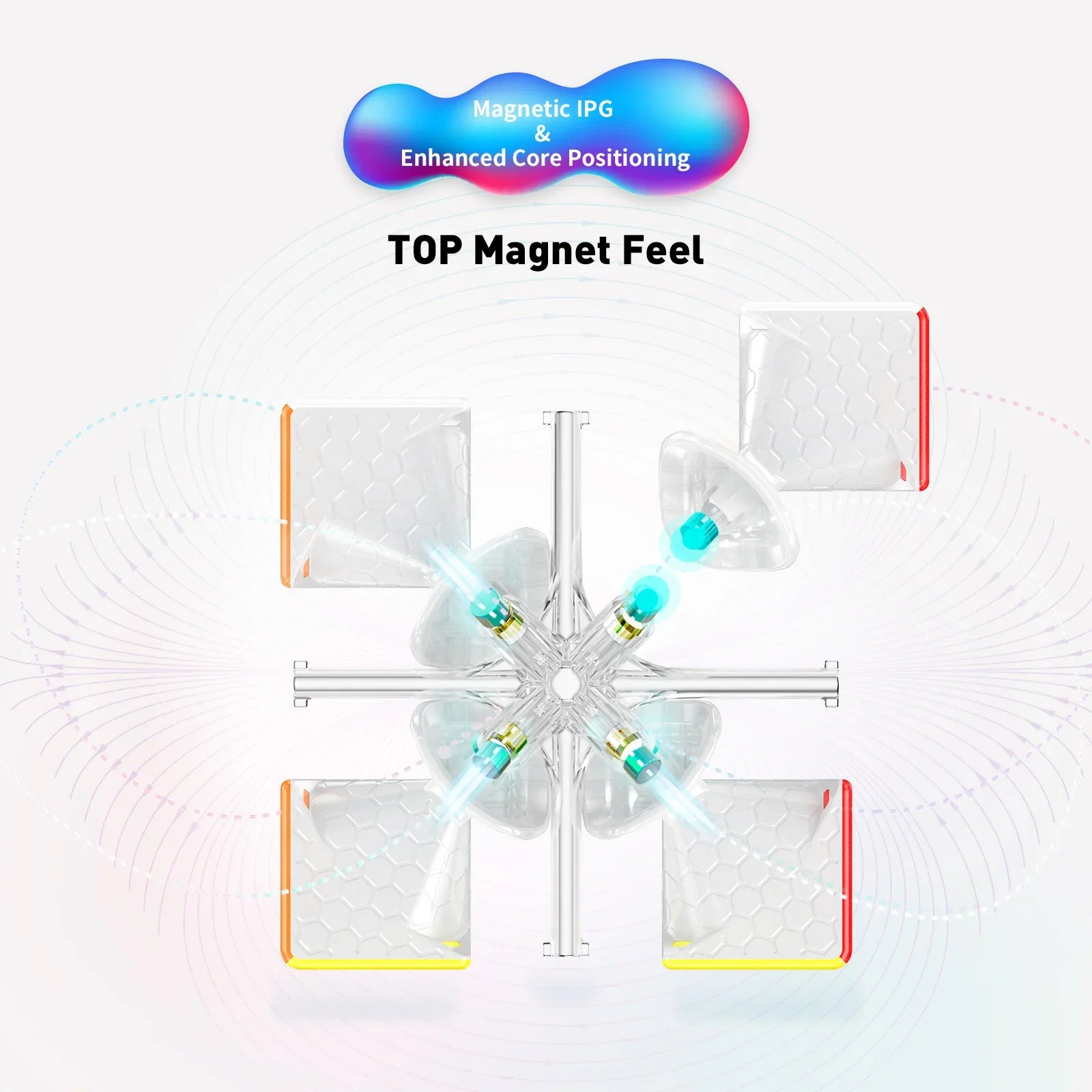 Top view of transparent magnetic core system with colored edges showing enhanced core positioning