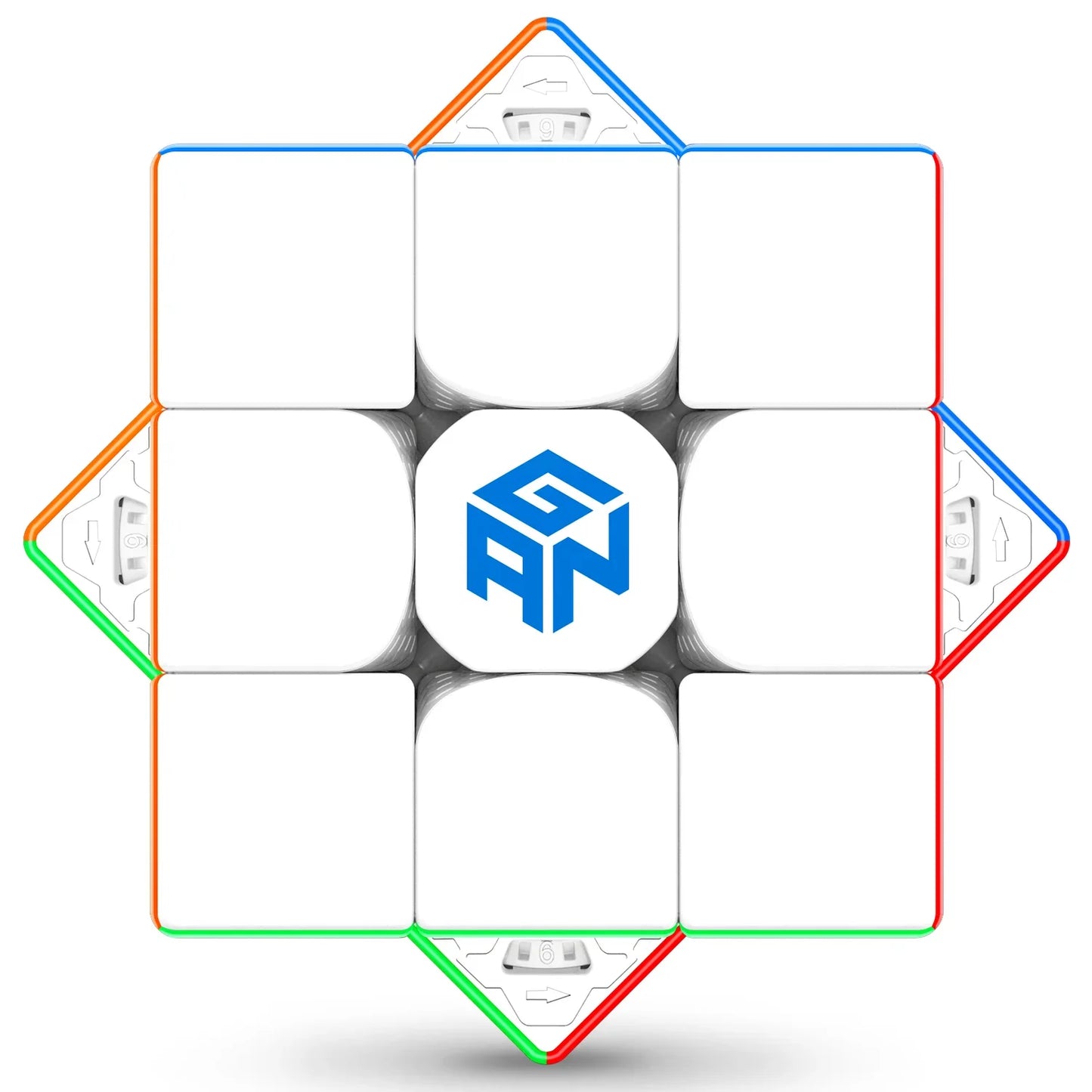 Close-up of Gan 13 MagLev frosted speed cube center showing logo and internal adjustment dials