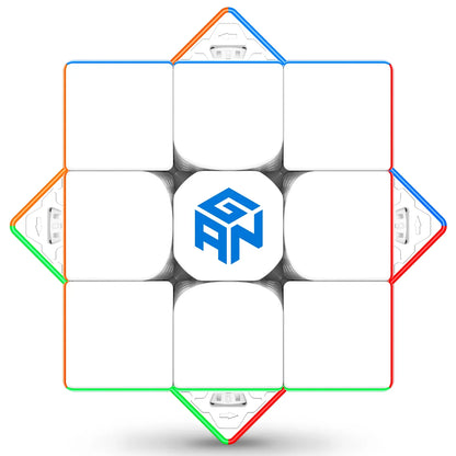 Close-up of Gan 13 MagLev frosted speed cube center showing logo and internal adjustment dials