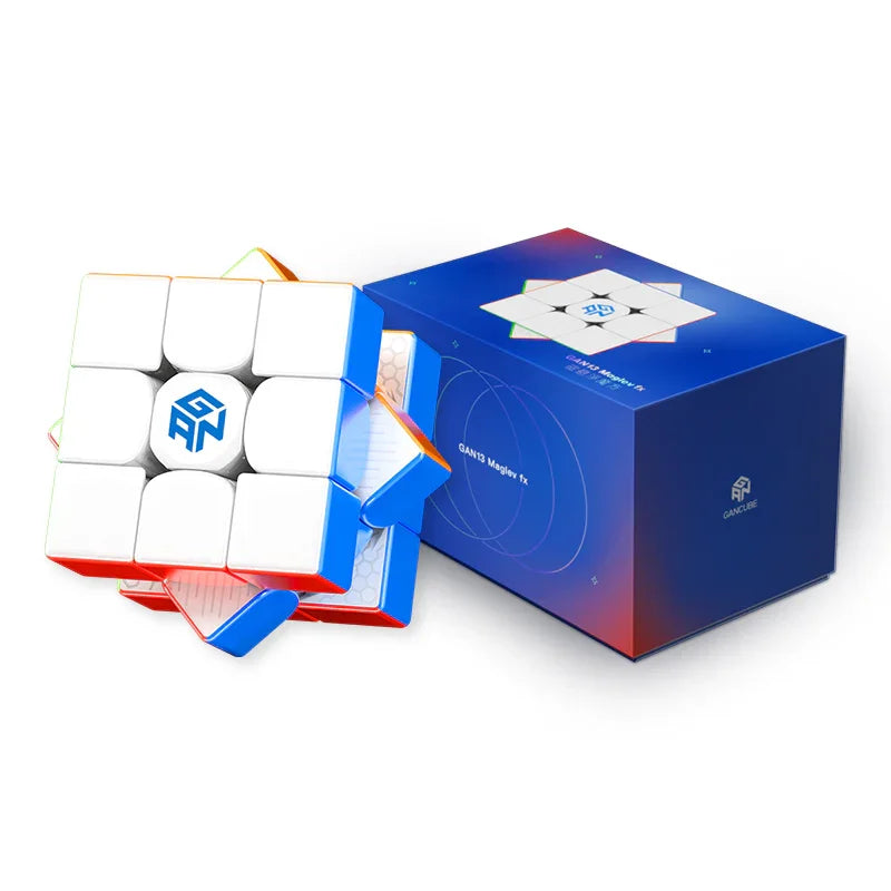 GAN13 Maglev FX speed cube with colorful stickers next to blue GAN cube branded box