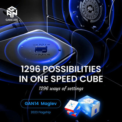 GAN14 Maglev speed cube close-up showing magnet settings and branding with 1296 configuration possibilities