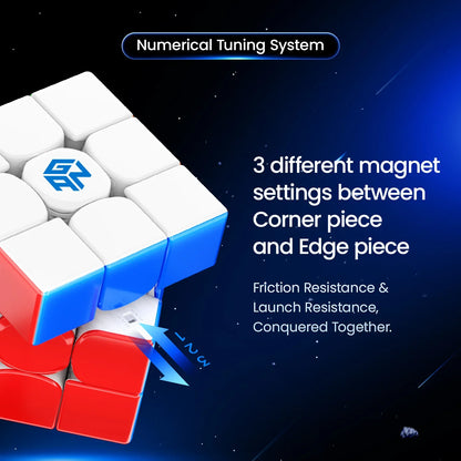 Close-up of Gan 14 MagLev cube showing adjustable magnet settings for corner and edge pieces
