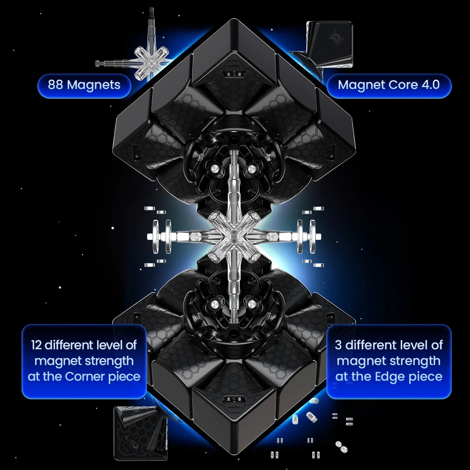 3D view of black Gan14 Maglev Rubik's cube showing Magnet Core 4.0 and 88 magnets technology