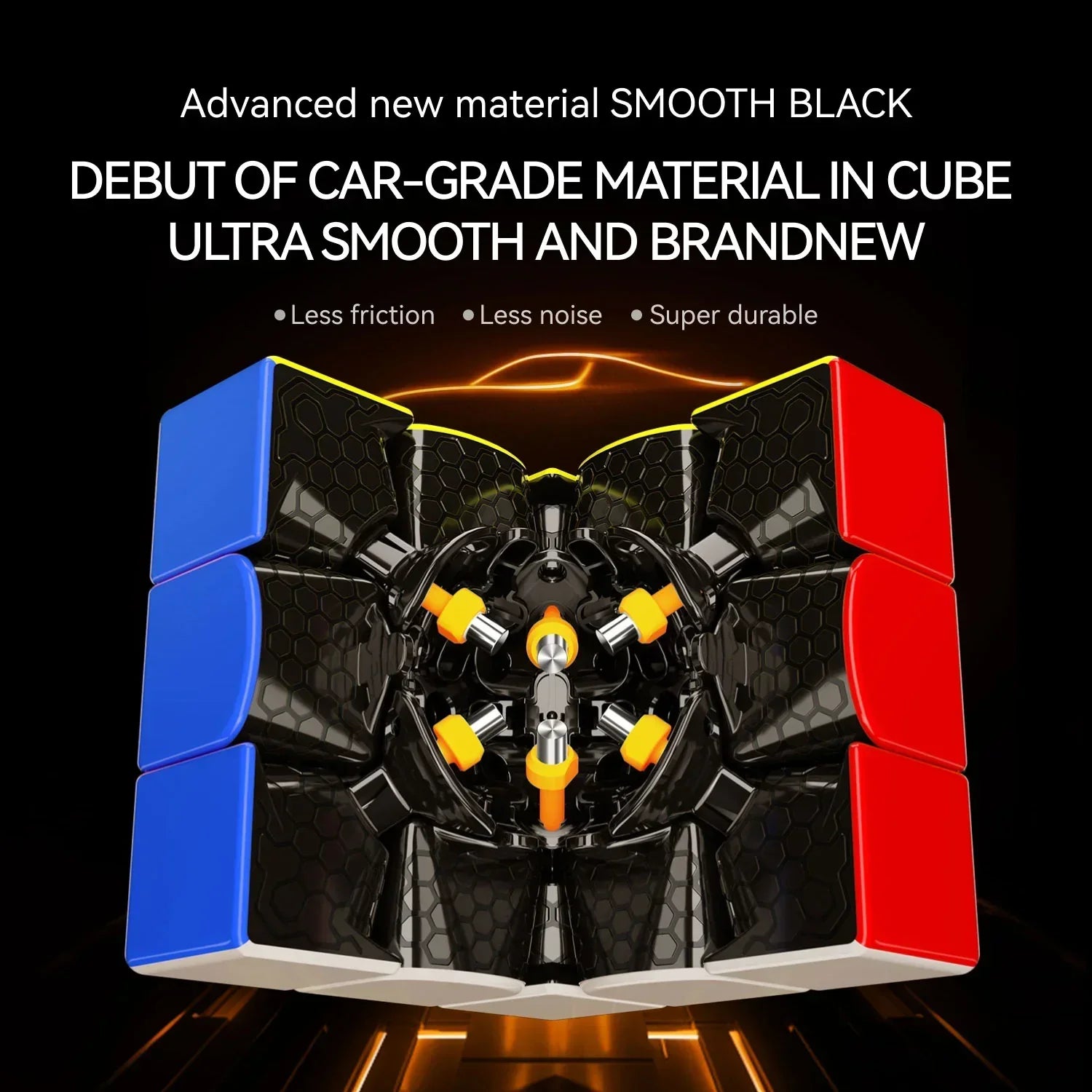 Close-up of a black GANCube GAN15 Rubik's Cube with visible internal mechanism and smooth black car-grade material