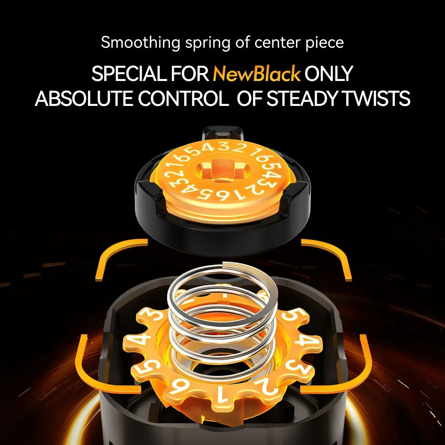 Close-up of black and orange adjustable puzzle spring mechanism with numbered dial for steady twist control