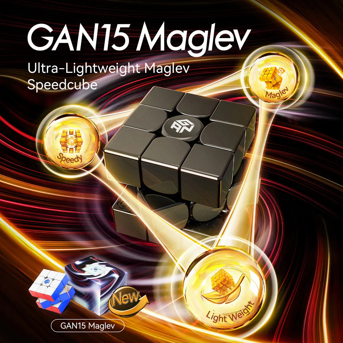 GAN15 Maglev ultra-lightweight black speedcube with dynamic light trails and packaging