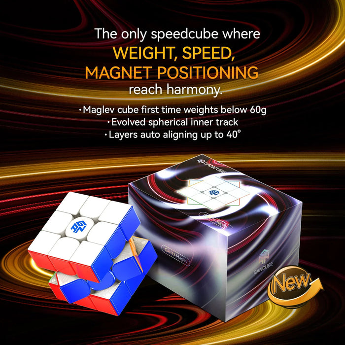 GAN15 Maglev speedcube and packaging with colorful swirl background and product features text