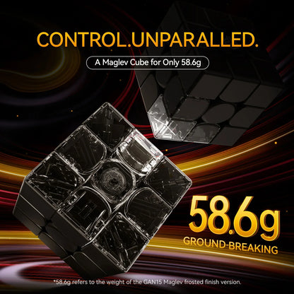 Black and transparent GAN15 Maglev speed cube with 58.6g lightweight, highlighting internal mechanism