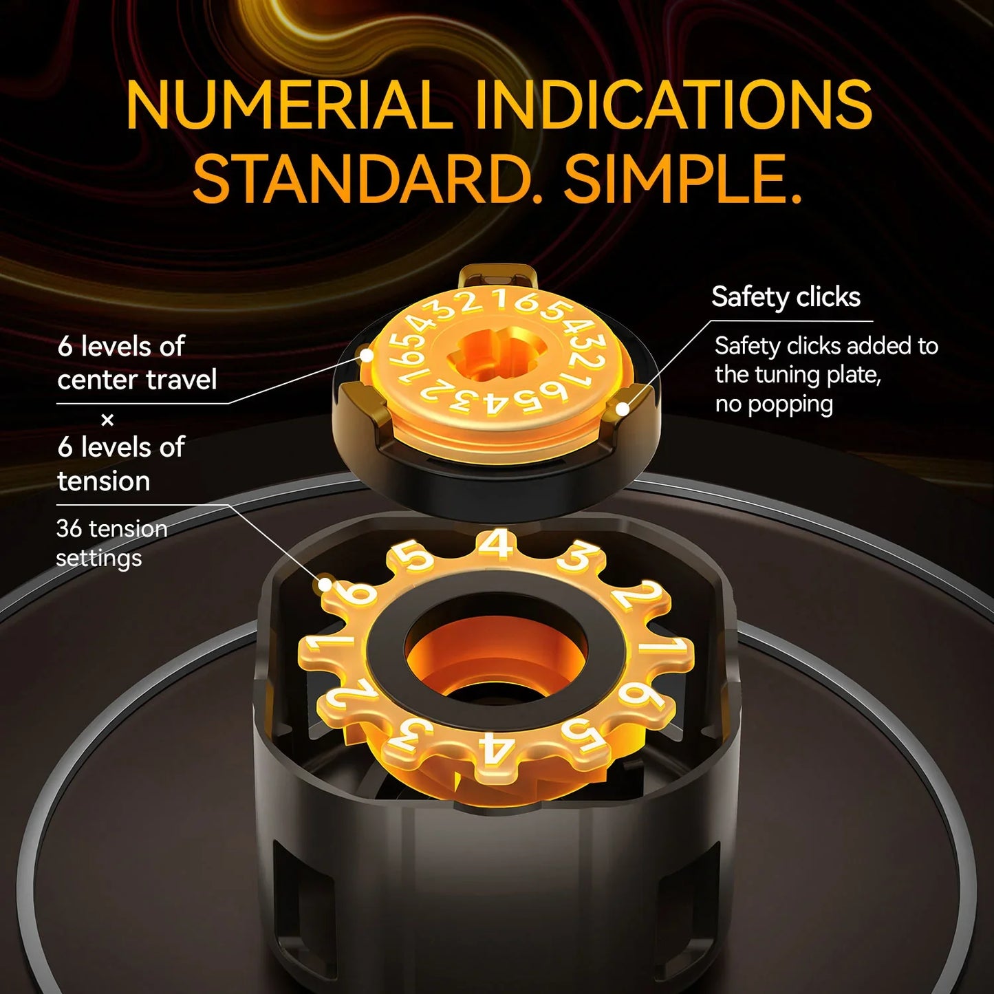 Close-up of a black and orange tension tuning dial with numerical indicators showing 6 levels of center travel and 36 tension settings