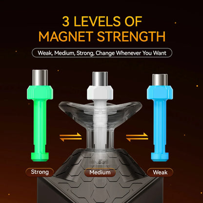 3 levels of magnet strength with green strong, white medium, and blue weak magnetic pins for adjustable magnet settings