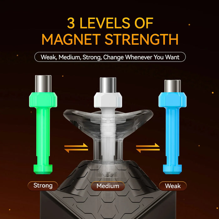 3 levels of magnet strength with green strong, white medium, and blue weak magnetic pins for adjustable magnet settings