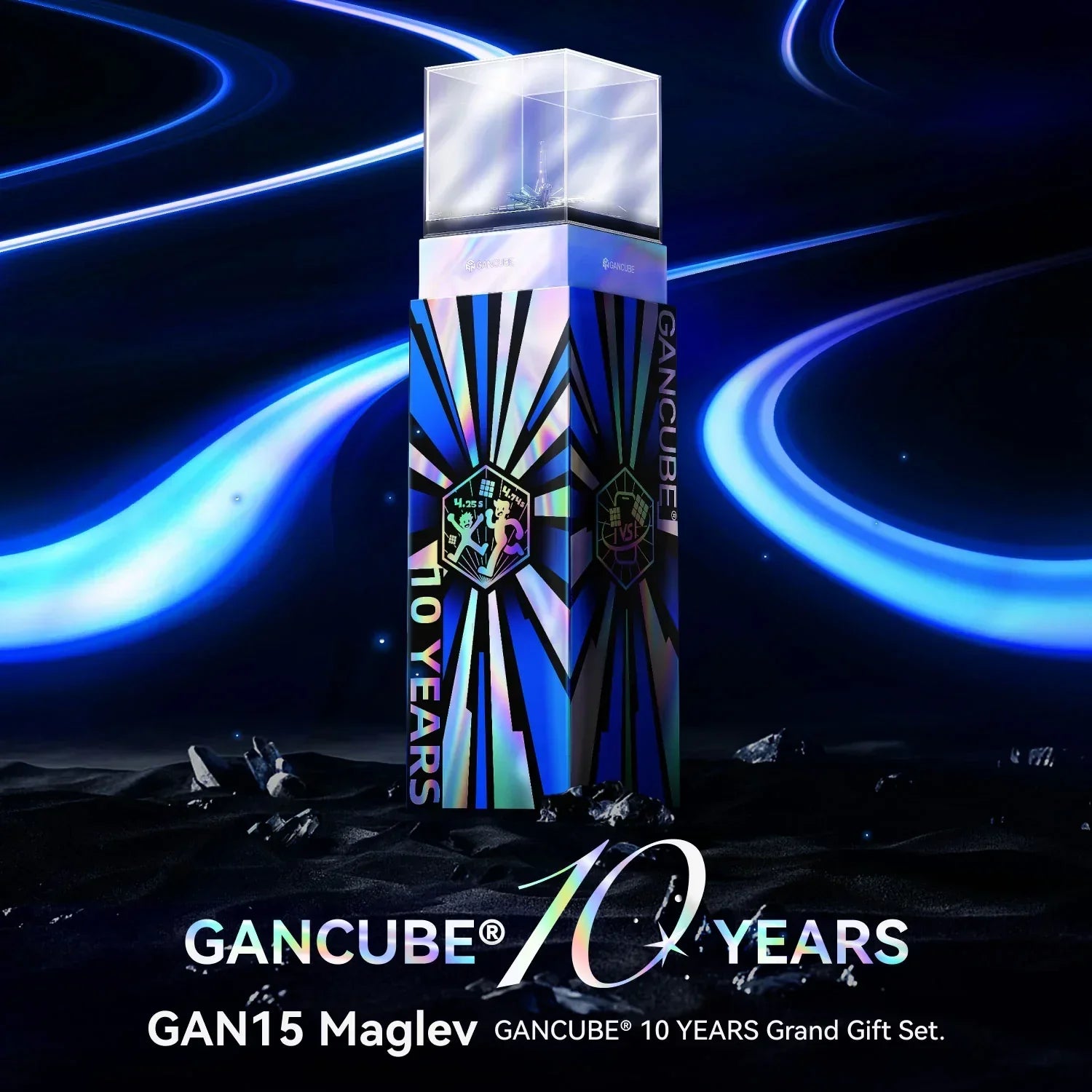 GAN15 Maglev 10 Years Grand Gift Set by GAN Cube with futuristic light trails and black rocky surface