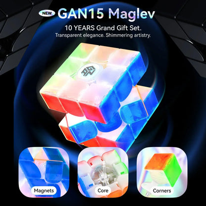 Transparent GAN15 Maglev Rubik's Cube with magnets, core, and corner details in 10 years gift set