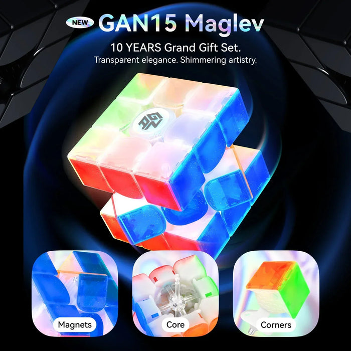 Transparent GAN15 Maglev Rubik's Cube with magnets, core, and corner details in 10 years gift set