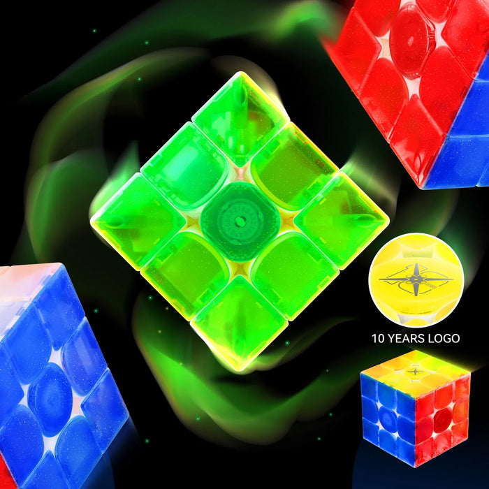 Transparent 3x3 speed cube puzzle with green, blue, red, and yellow colors and 10 years anniversary logo