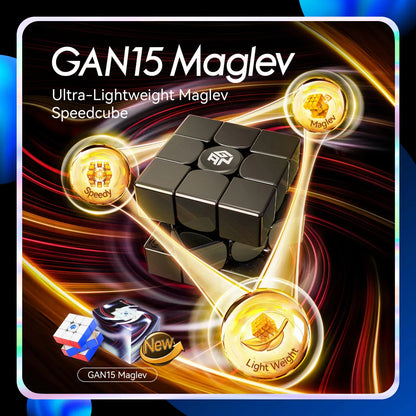 Black GAN15 Maglev ultra-lightweight speedcube with logos for Speedy, Maglev, and Light Weight