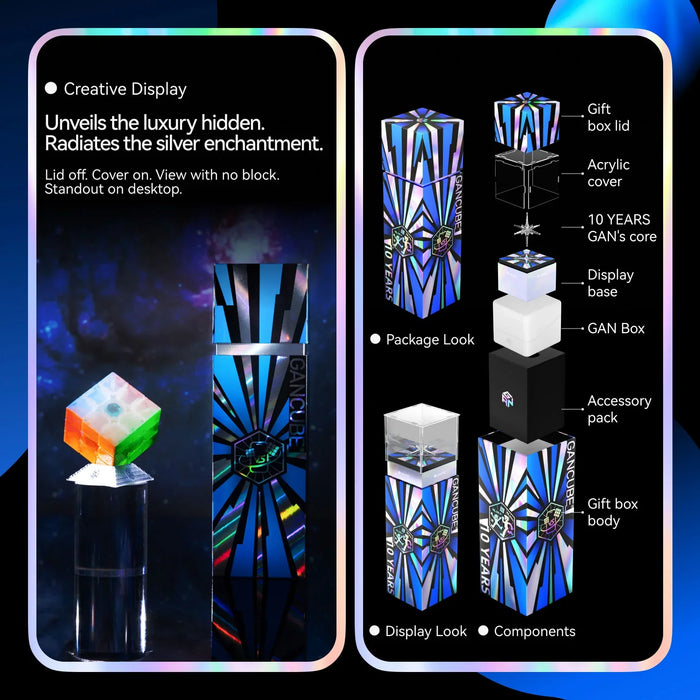 GAN Cube 10 Years luxury gift box and display with colorful cube on acrylic stand