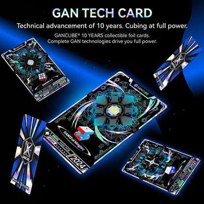 GANCUBE 10 years collectible foil tech cards featuring GAN12 Maglev and GAN356XS cube designs