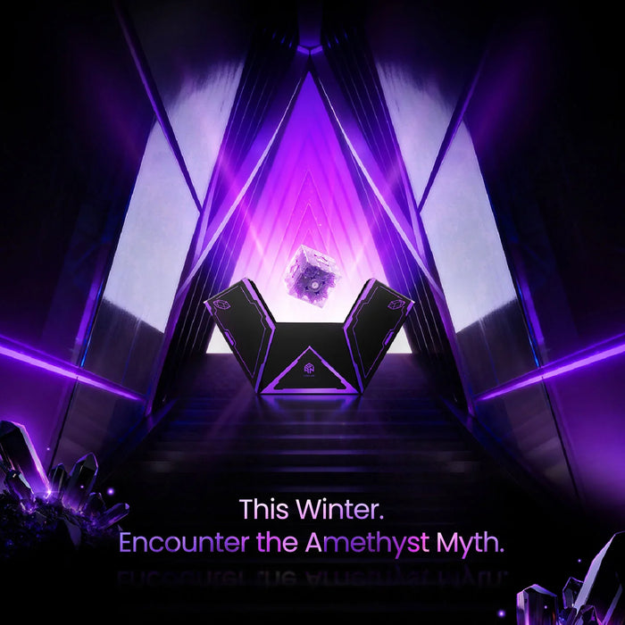 Futuristic black and purple open box with floating amethyst cube inside neon-lit geometric tunnel