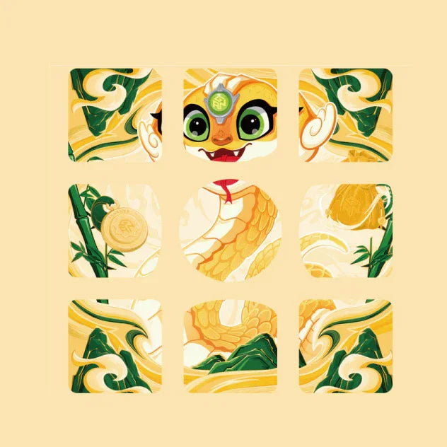 Dragon-themed puzzle tiles with green eyes, bamboo, and golden scales in vibrant yellow-green art style