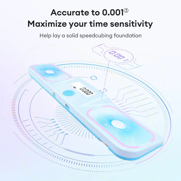 High-precision speedcubing timer with 0.001s accuracy, digital display, and circuit-themed design for competitive cubers