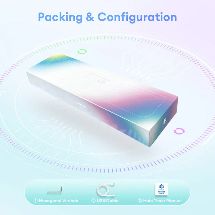 GAN smart cube packaging with hexagonal wrench, USB cable, and Halo Timer manual included