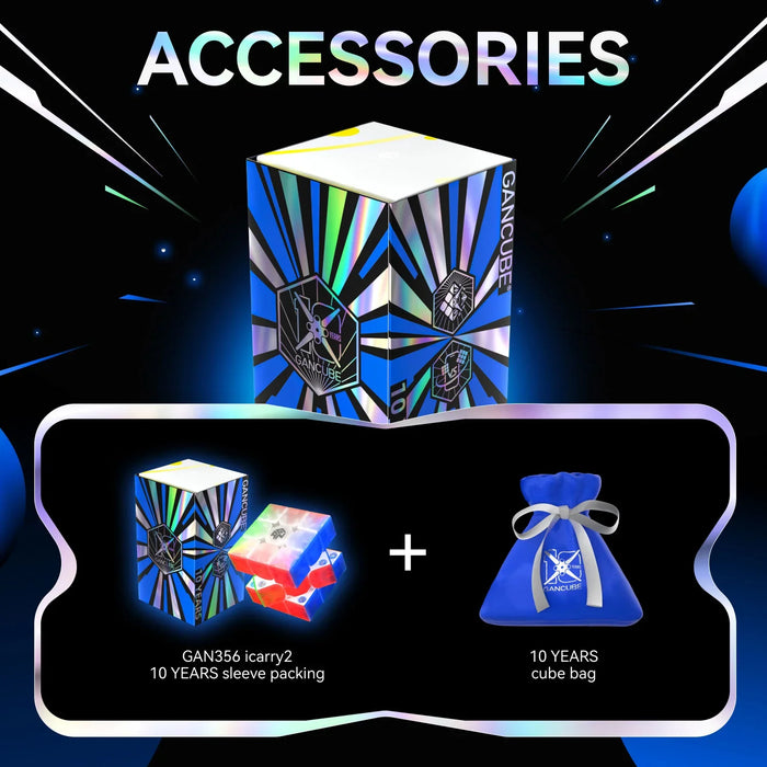 GAN356 iCarry2 10 years sleeve packing with blue 10 years cube bag and holographic accessories