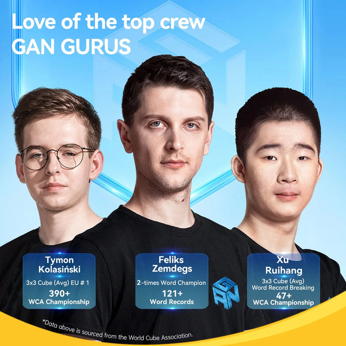 Three GANCUBE speedcubers with achievements text, showcasing top GAN smart cube experts.