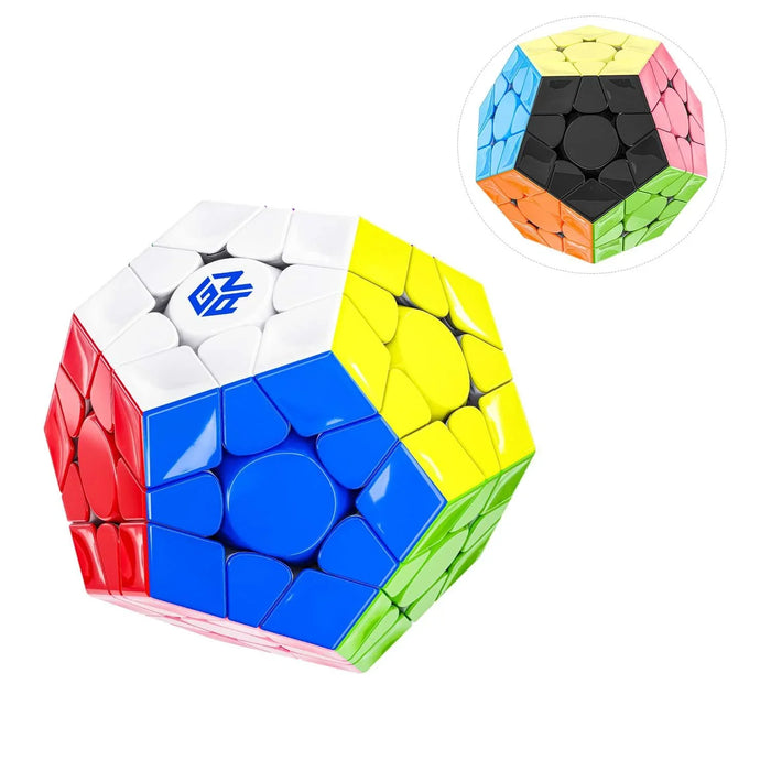 GAN Megaminx puzzle cube with colorful faces and white logo center, including UV black version inset