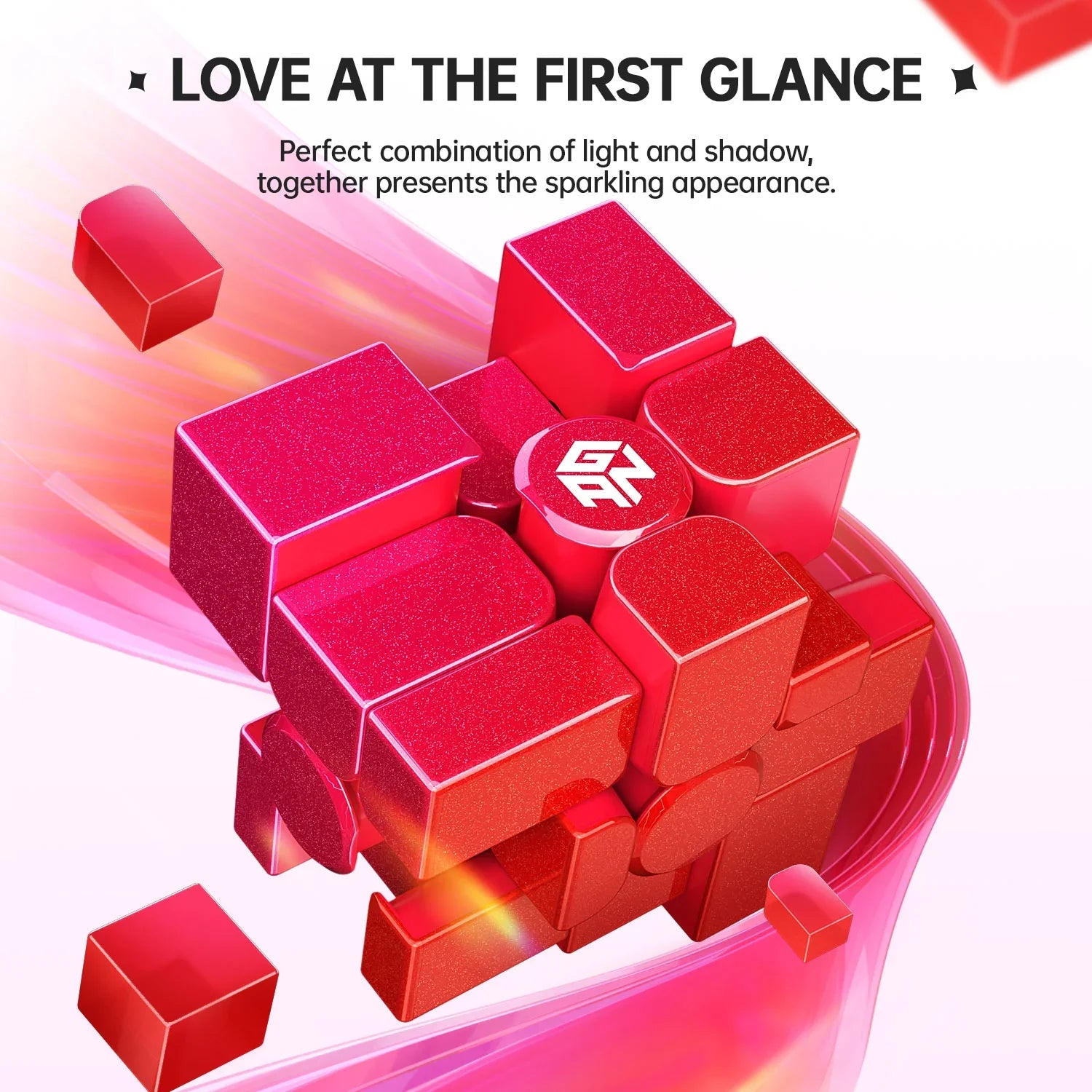 Red GAN Cube Mirror M with sparkling finish and dynamic light streaks on white background