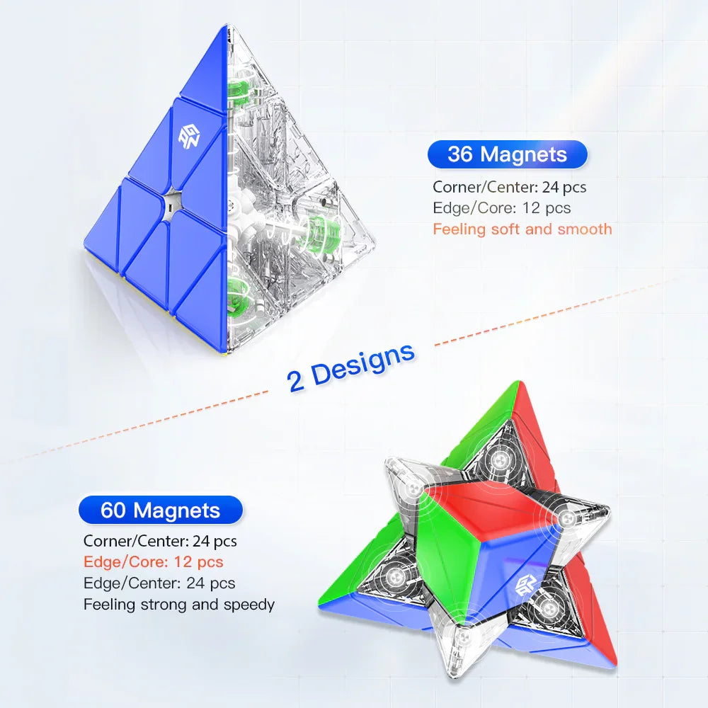 Two designs of GanCube Pyraminx magnetic puzzles showing blue solid and multicolor transparent models with 36 and 60 magnets