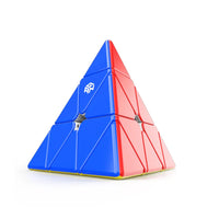 GANCube Pyraminx magnetic speed cube puzzle with blue and red plastic triangular faces on white background