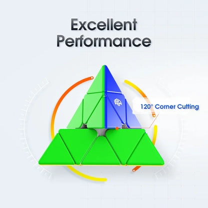 GAN Cube Pyraminx M puzzle showing green and blue triangular pieces with 120° corner cutting and excellent performance