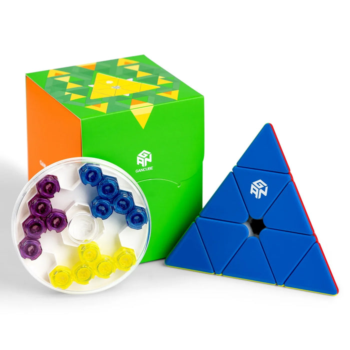 GanCube Pyraminx M puzzle cube with blue face, adjustable screws in case, and green-orange packaging box