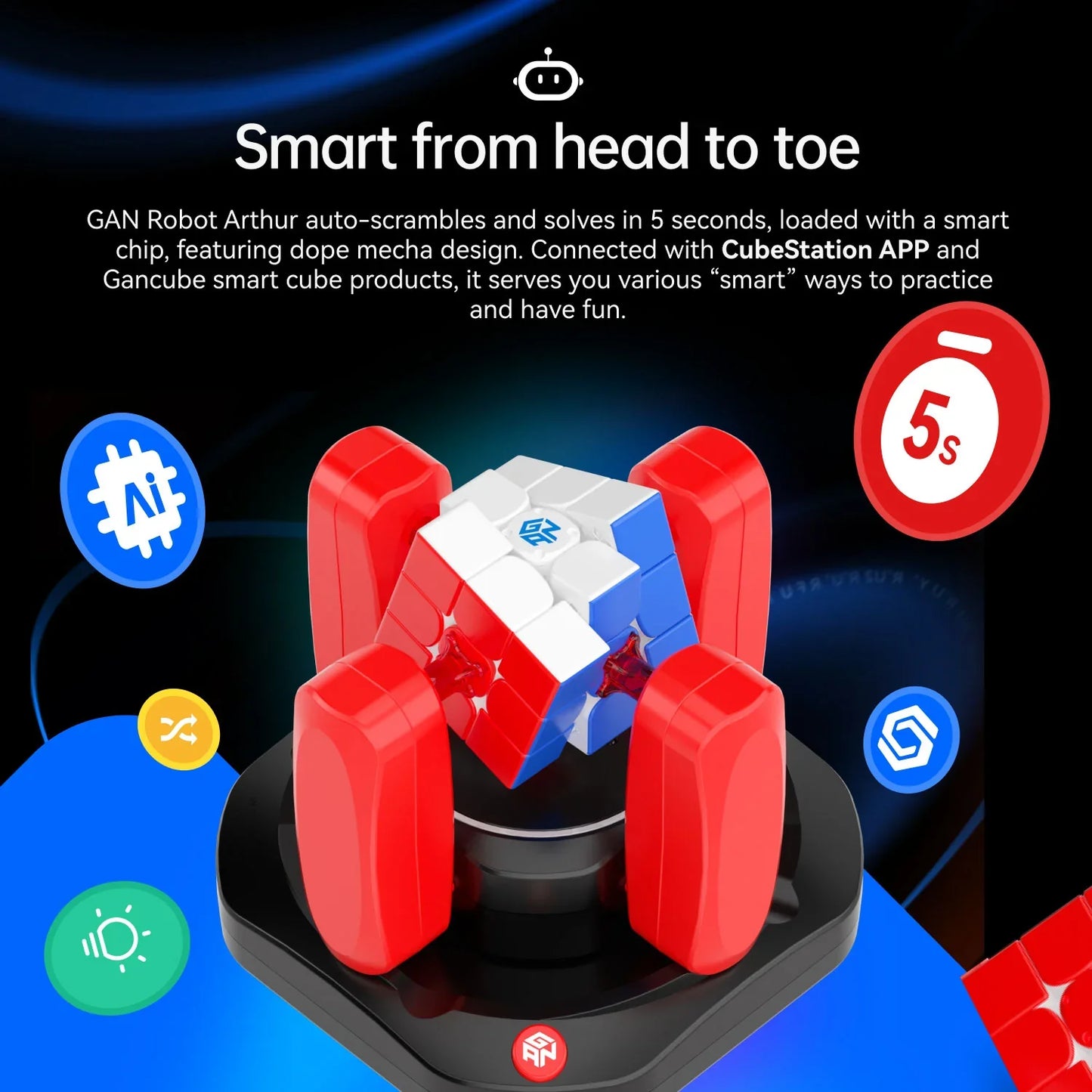 GAN Robot Arthur smart cube solver with red robotic arms and CubeStation app integration, solving in 5 seconds
