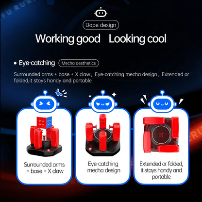 Red Gancube Robot V2 with surrounded arms and X claw on black base, portable mecha design